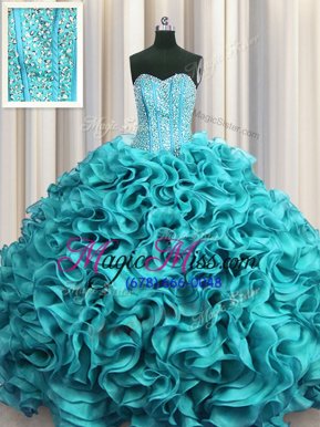 Decent Visible Boning Aqua Blue Organza Lace Up Sweetheart Sleeveless Floor Length Quinceanera Gowns Beading and Ruffles