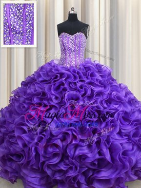Free and Easy Visible Boning Purple Sweetheart Neckline Beading and Ruffles Vestidos de Quinceanera Sleeveless Lace Up