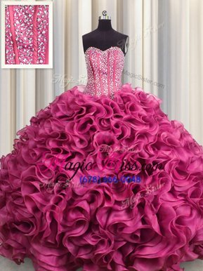 Perfect Visible Boning Sweetheart Sleeveless 15th Birthday Dress Floor Length Beading and Ruffles Hot Pink Organza