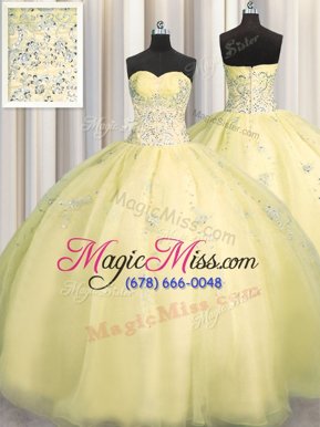 Glorious Really Puffy Organza Sweetheart Sleeveless Zipper Beading and Appliques Ball Gown Prom Dress in Light Yellow