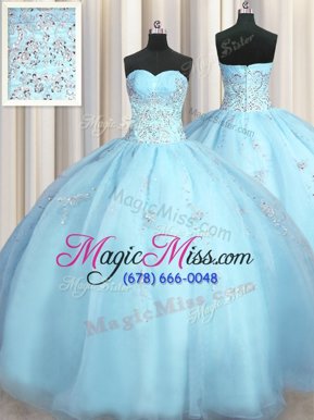 Sumptuous Big Puffy Baby Blue Sleeveless Floor Length Beading and Appliques Zipper Quinceanera Gowns