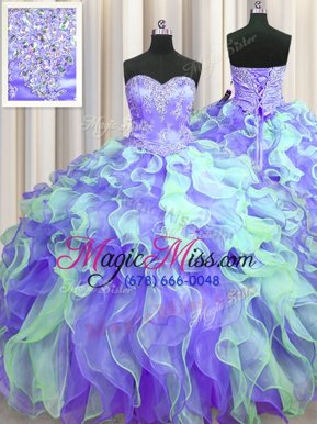 Stunning Floor Length Lace Up 15 Quinceanera Dress Multi-color and In for Military Ball and Sweet 16 and Quinceanera with Beading and Appliques and Ruffles