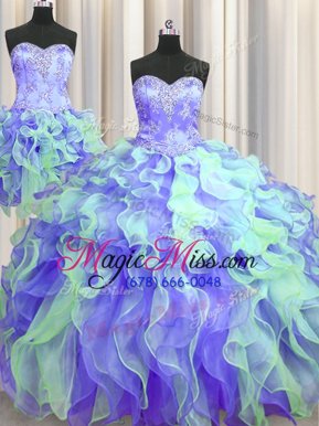 Three Piece Sweetheart Sleeveless Quinceanera Gowns Floor Length Beading and Appliques and Ruffles Multi-color Organza