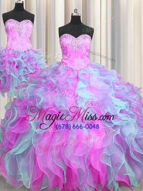 Delicate Three Piece Organza Sleeveless Ball Gown Prom Dress and Beading and Ruffles