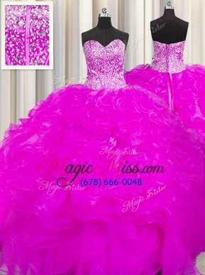 Unique Visible Boning Beaded Bodice Fuchsia Lace Up Ball Gown Prom Dress Beading and Ruffles Sleeveless Floor Length