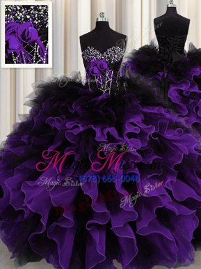 Latest Black And Purple Sleeveless Organza and Tulle Lace Up Sweet 16 Dresses for Military Ball and Sweet 16 and Quinceanera