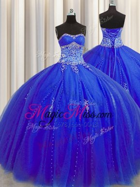 Fabulous Puffy Skirt Royal Blue Sleeveless Tulle Lace Up Quinceanera Gowns for Military Ball and Sweet 16 and Quinceanera