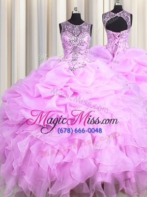 Scoop See Through Lilac Sleeveless Beading and Ruffles and Pick Ups Floor Length Vestidos de Quinceanera