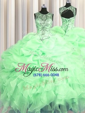 See Through Apple Green Organza Lace Up Scoop Sleeveless Floor Length Sweet 16 Quinceanera Dress Beading and Ruffles and Pick Ups