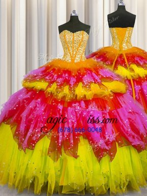 Sexy Bling-bling Visible Boning Multi-color Tulle Lace Up Sweetheart Sleeveless Floor Length Quince Ball Gowns Beading and Ruffles and Ruffled Layers and Sequins