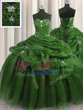 Low Price Pick Ups Green Sleeveless Organza Lace Up Ball Gown Prom Dress for Military Ball and Sweet 16 and Quinceanera