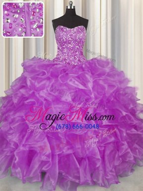 Hot Sale Visible Boning Floor Length Purple Sweet 16 Dress Strapless Sleeveless Lace Up
