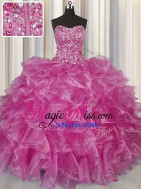 Fashionable Visible Boning Strapless Sleeveless Quinceanera Dresses Floor Length Beading and Ruffles Lilac Organza