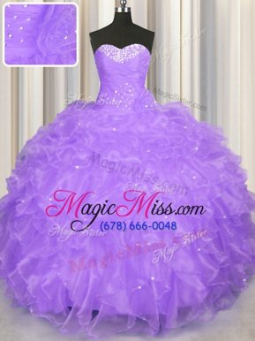 Gorgeous Lavender Ball Gowns Sweetheart Sleeveless Organza Floor Length Lace Up Beading and Ruffles Quinceanera Dresses