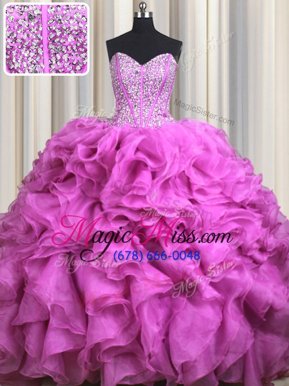 Admirable Visible Boning Fuchsia Sleeveless Organza Brush Train Lace Up Sweet 16 Quinceanera Dress for Military Ball and Sweet 16 and Quinceanera
