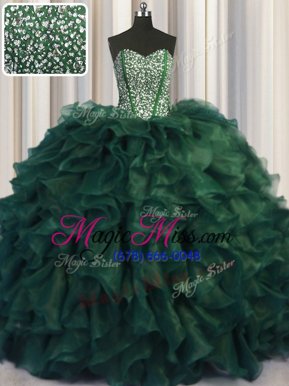 Clearance Bling-bling Dark Green Organza Lace Up Sweet 16 Dresses Sleeveless With Brush Train Beading and Ruffles