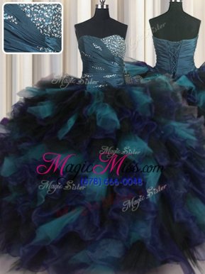 Excellent Sweetheart Sleeveless Quince Ball Gowns Floor Length Beading and Ruffles Multi-color Organza and Tulle