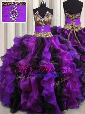 Elegant Leopard V Neck Multi-color Sleeveless Beading and Ruffles Floor Length 15th Birthday Dress