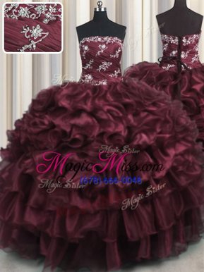 Delicate Ruffled Layers Floor Length Wine Red Quinceanera Gown Strapless Sleeveless Lace Up