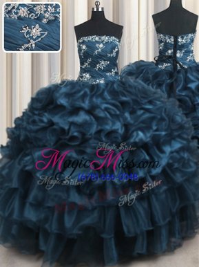 Simple Strapless Sleeveless Sweet 16 Dresses Floor Length Appliques and Ruffles and Ruffled Layers Navy Blue Organza