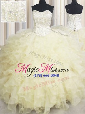 Pretty Light Yellow Lace Up Sweetheart Beading and Ruffles Quinceanera Dress Organza Sleeveless