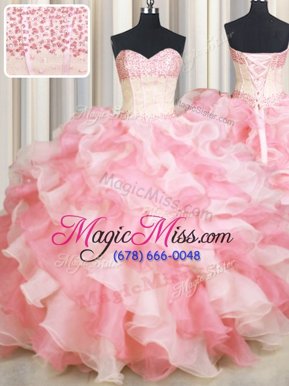 Visible Boning Two Tone Multi-color Sweetheart Lace Up Beading and Ruffles Quince Ball Gowns Sleeveless