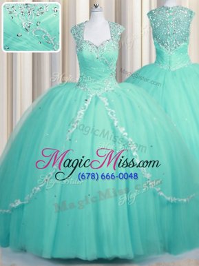 Latest Brush Train Aqua Blue Ball Gowns Beading and Appliques Sweet 16 Dresses Zipper Tulle Cap Sleeves