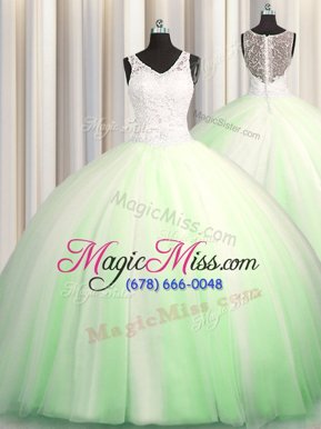 Flare See Through Zipple Up Ball Gowns V-neck Sleeveless Tulle Brush Train Zipper Beading and Appliques 15 Quinceanera Dress