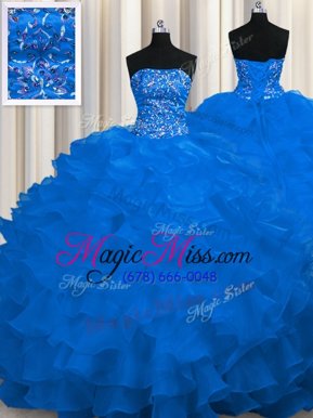 Beading and Ruffles Quince Ball Gowns Royal Blue Lace Up Sleeveless Sweep Train