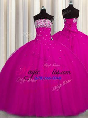 Customized Puffy Skirt Floor Length Ball Gowns Sleeveless Fuchsia Quinceanera Gowns Lace Up