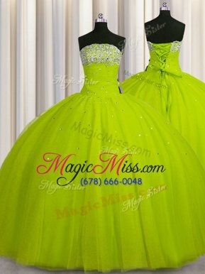 Excellent Big Puffy Yellow Green Organza Lace Up Sweet 16 Dress Sleeveless Floor Length Beading and Sequins