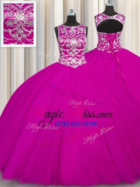 Scoop Sleeveless Quinceanera Gowns Floor Length Beading and Appliques Fuchsia Tulle