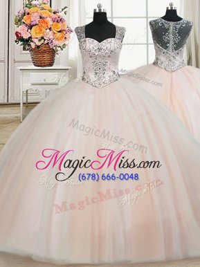 Flare See Through Back Zipper Up Straps Cap Sleeves Tulle Floor Length Zipper 15 Quinceanera Dress in Peach for with Beading