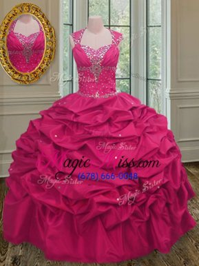 Glittering Straps Straps Sleeveless Floor Length Beading and Pick Ups Lace Up Quince Ball Gowns with Hot Pink