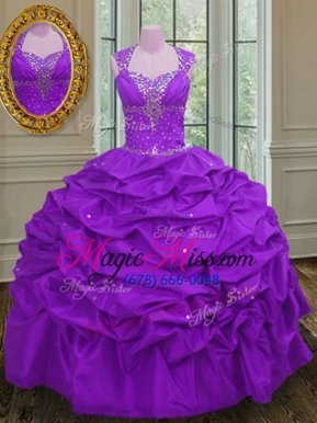 Chic Straps Straps Floor Length Purple 15th Birthday Dress Taffeta Sleeveless Beading and Pick Ups