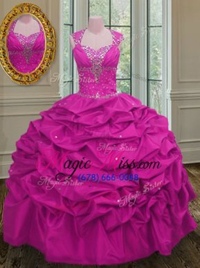 Elegant Fuchsia Vestidos de Quinceanera Military Ball and Sweet 16 and Quinceanera and For with Beading and Pick Ups Straps Cap Sleeves Lace Up