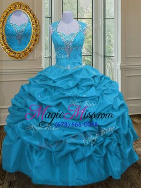 Captivating Straps Straps Sleeveless Floor Length Beading and Pick Ups Lace Up Ball Gown Prom Dress with Aqua Blue