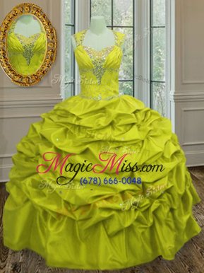 Extravagant Yellow Green Ball Gowns Straps Sleeveless Taffeta Floor Length Lace Up Beading and Pick Ups Vestidos de Quinceanera