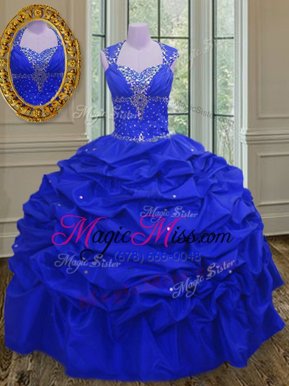 Royal Blue Taffeta Lace Up Straps Sleeveless Floor Length Quinceanera Gowns Beading and Pick Ups