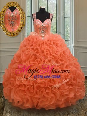Shining Orange Ball Gown Prom Dress Military Ball and Sweet 16 and Quinceanera and For with Beading and Ruffles Straps Sleeveless Zipper