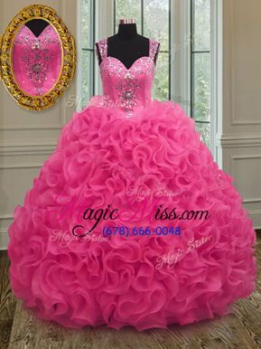 Fashion Straps Sleeveless Quinceanera Dress Floor Length Beading and Ruffles Hot Pink Organza