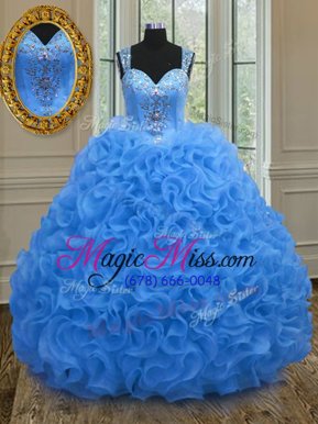 Fantastic Blue Organza Zipper Straps Sleeveless Floor Length Quinceanera Dress Beading and Ruffles