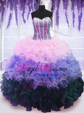 Custom Fit Multi-color Sleeveless Floor Length Beading and Ruffles and Ruffled Layers Lace Up 15th Birthday Dress