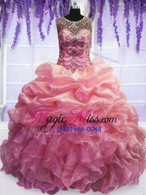 Scoop Sleeveless Organza Floor Length Lace Up Vestidos de Quinceanera in Baby Pink for with Beading and Pick Ups