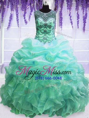 Affordable Scoop Turquoise Lace Up Quinceanera Gown Beading and Pick Ups Sleeveless Floor Length