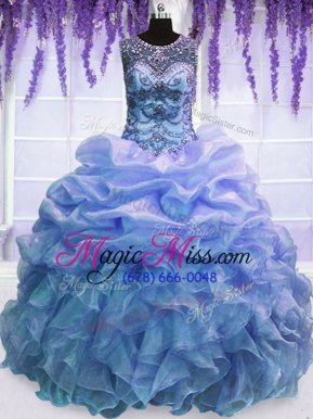 Delicate Blue Scoop Lace Up Beading and Ruffles 15 Quinceanera Dress Sleeveless
