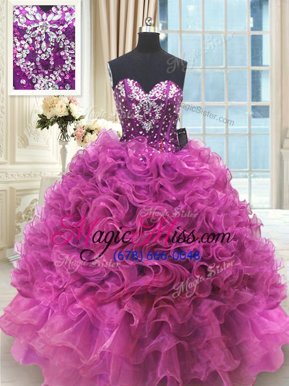 Glamorous Sweetheart Sleeveless Lace Up Quinceanera Gown Fuchsia Organza