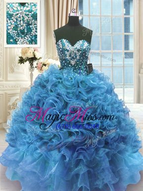 Nice Beading and Ruffles 15th Birthday Dress Blue Lace Up Sleeveless Floor Length