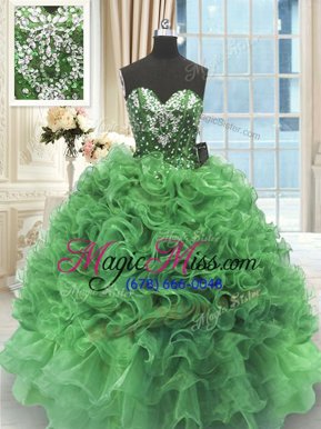 Graceful Green Lace Up Sweetheart Beading and Ruffles Quince Ball Gowns Organza Sleeveless