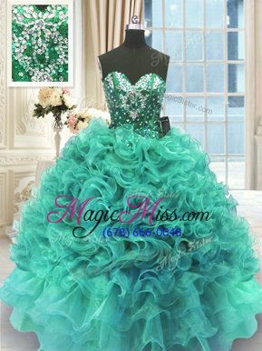 Fitting Sleeveless Floor Length Beading and Ruffles Lace Up Quince Ball Gowns with Turquoise